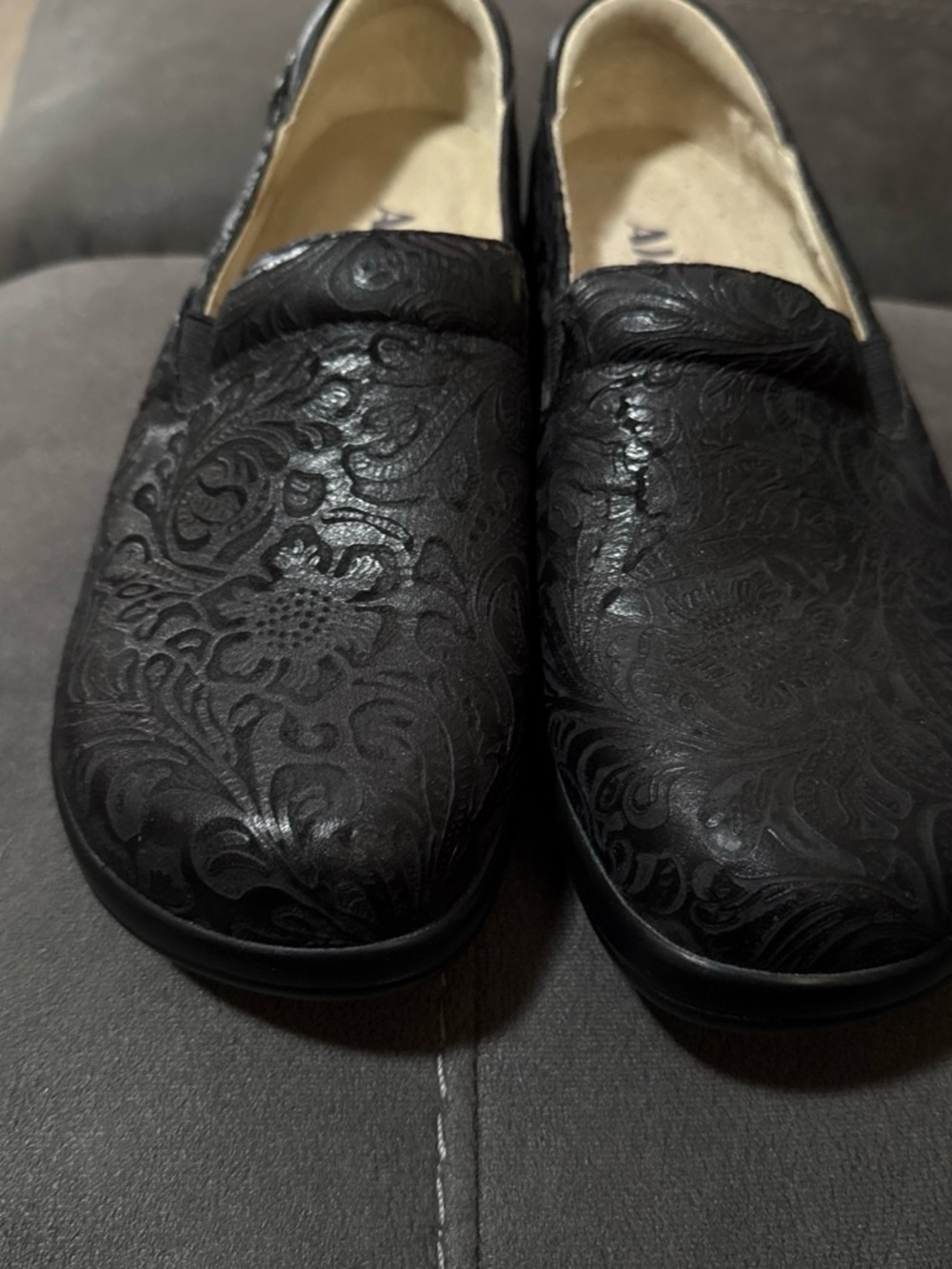 Alegria Black Embossed Slip-On Loafers